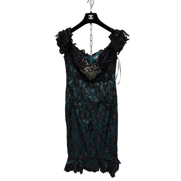 teal and black lace dress 1990s Jessica McClintock Prom Dress Teal Satin Black Lace Strapless Boned 7/8